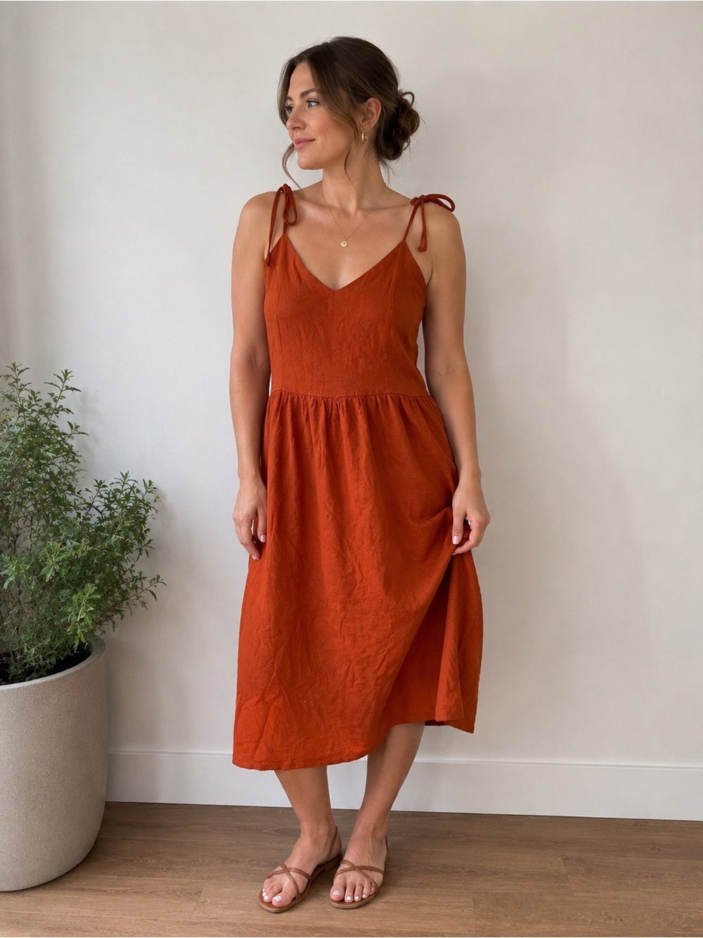 Linen Blend Rust Tie Strap Midi Dress Large Cottagecore Vacation Coastal Smocked